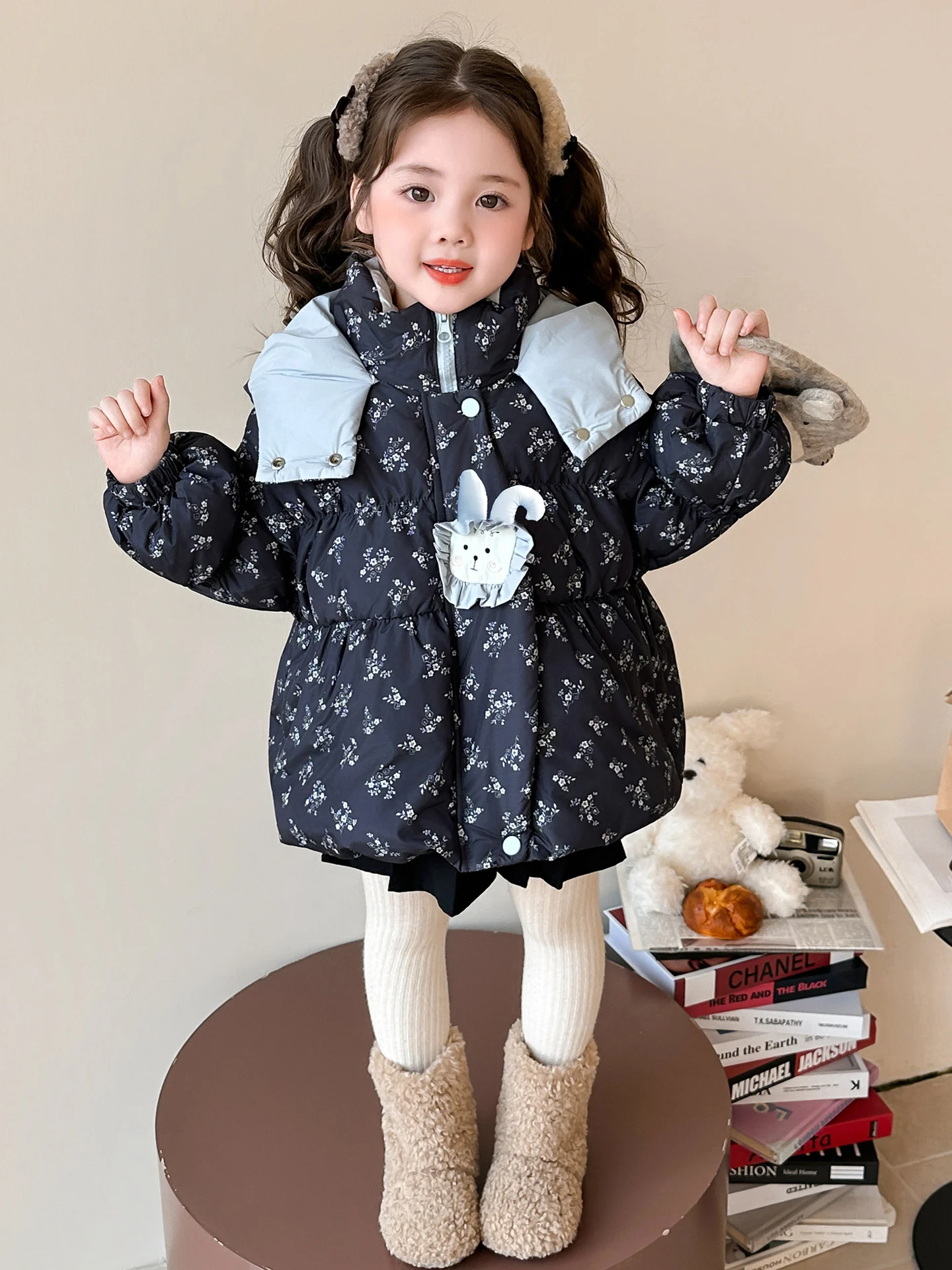 Meninas thiened branco du para baixo inverno jaet quente outerwear coreano sle casaco infantil roupas de inverno do bebê padrão floral