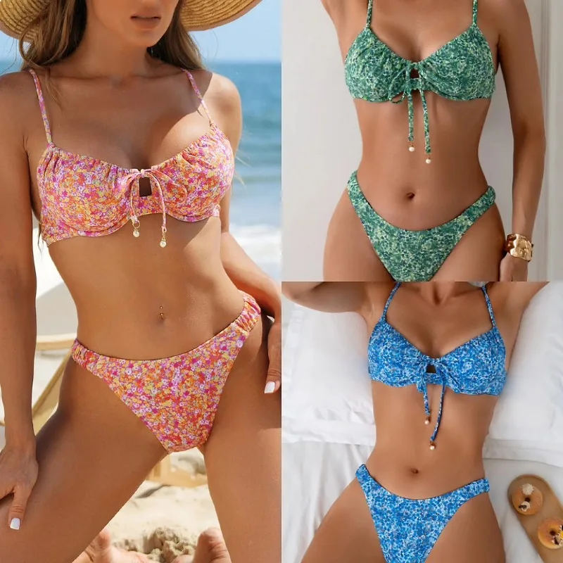 

2026 New Sexy Printed Underwire Bikini Set Triangle Push Up Two Piece Swimwear Beach Bathing Suit