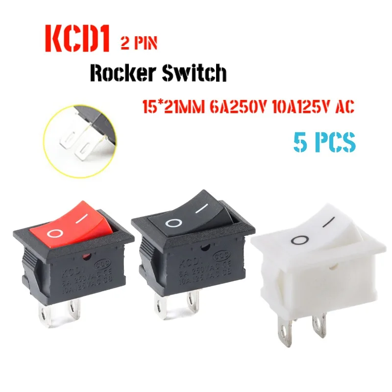 5 PCS/lot KCD1 21X15mm Rocker Switch ON-OFF 2 Position Power Switch 2Pin 6A/250VAC 10A/125VAC Red Black White