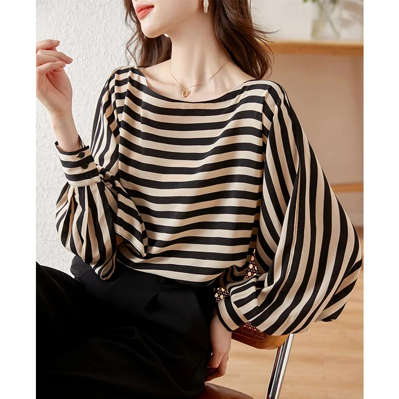 Elegant One-shoulder Temperament Top for Women 2025 Spring Autumn Classic Striped Lantern Sleeve Office Lady Loose Casual Blouse