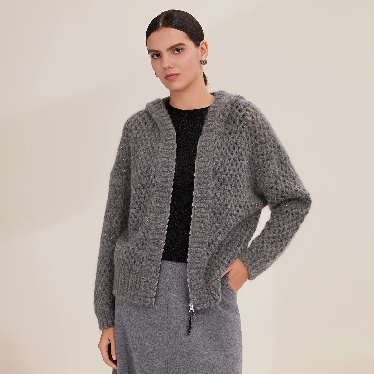 BD4521222 Damen-Strickjacke aus Kaschmirmischung mit Reißverschluss und langen Ärmeln und Wabenmuster für den Herbst