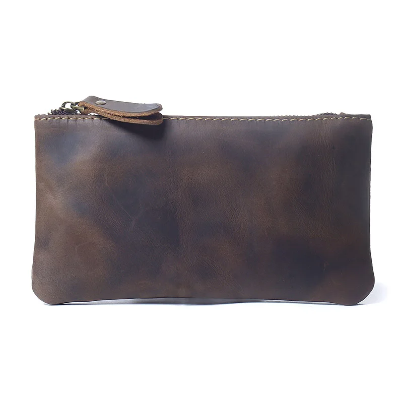 Crazy Horse Leather retro envelope clutch for men, zipper clutch, genuine leather, light and simple storage bag