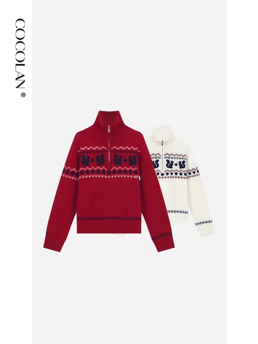 

00% Camere Sweater with Semi-Zip And Squirrel Knit Pattern for Women Thi Winter Casual Sle Pure E-commerce Item