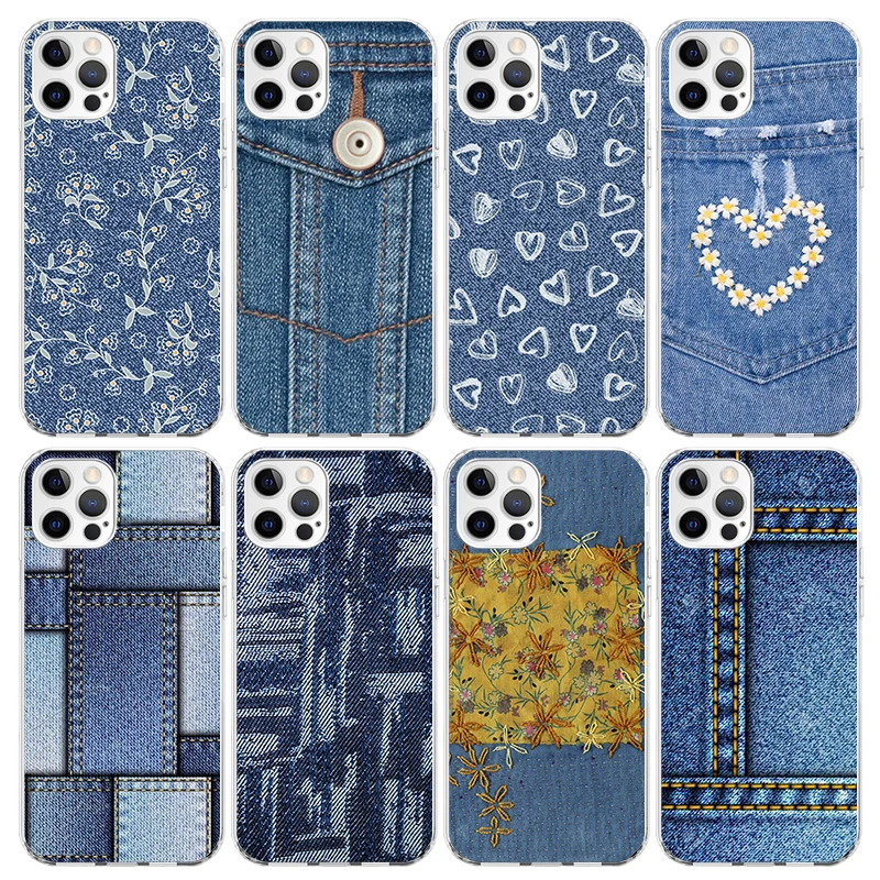 Jeans Cowboy Denim Printed Phone Case For iPhone 16 15 14 13 12 Mini 11 Pro Max Cover 7 Plus X XS XR 8 + SE Silicone Shell Print