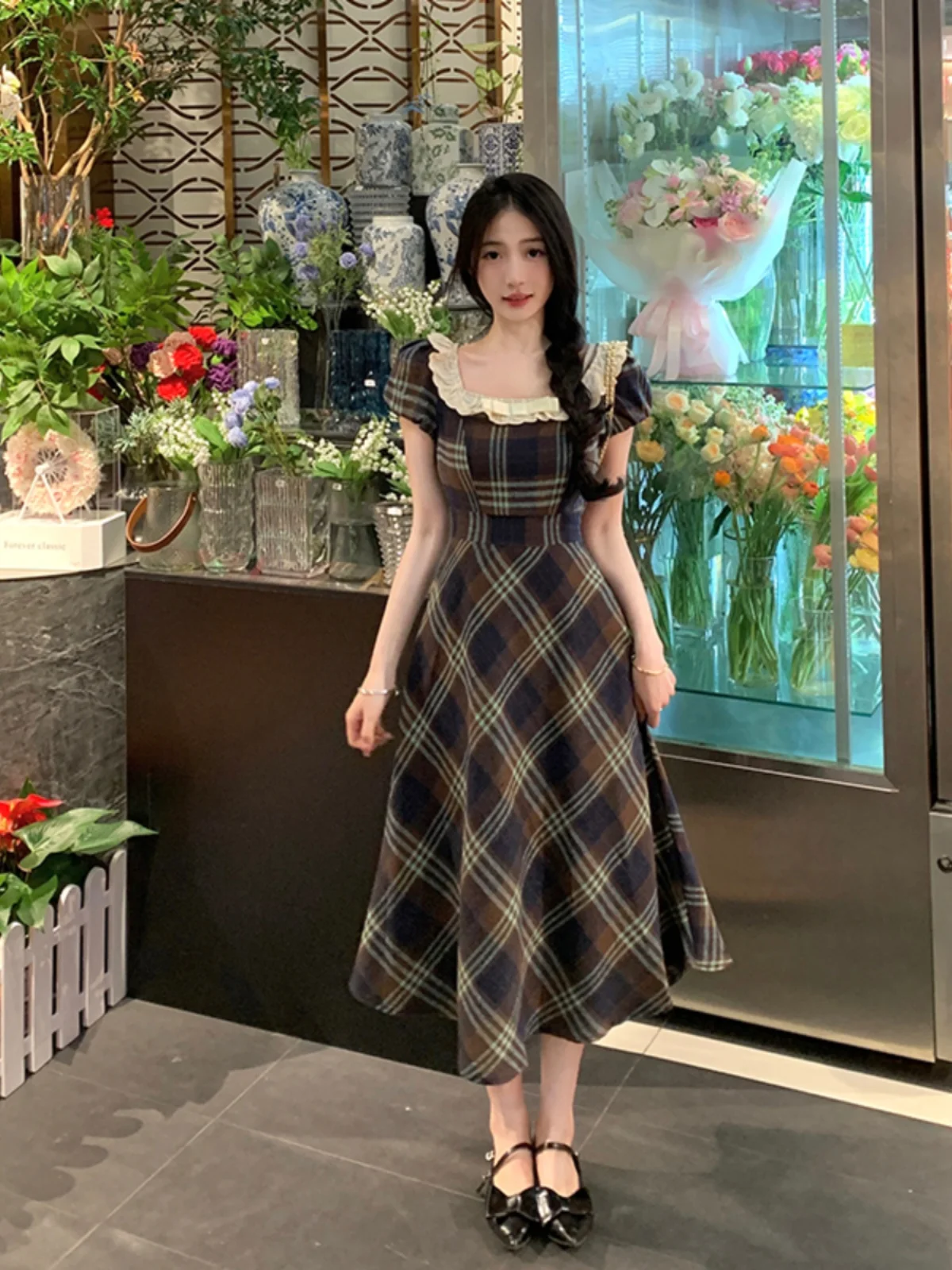 

plus Size Women's Vintage Plaid Lace Splice Dr Summer Waist Cinched Midi ort Sve Dres Korean Sle A-Line Skirt