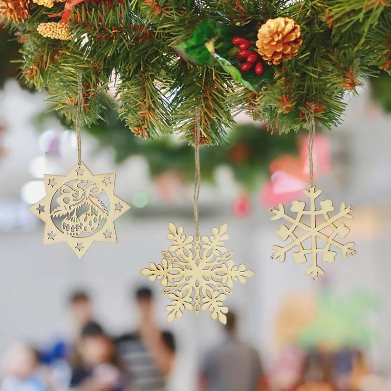 10pcs Christmas Wood Snowflake Chip Christmas Tree Scrapbooking Craft Handmade Home Decoration Accessory Painting