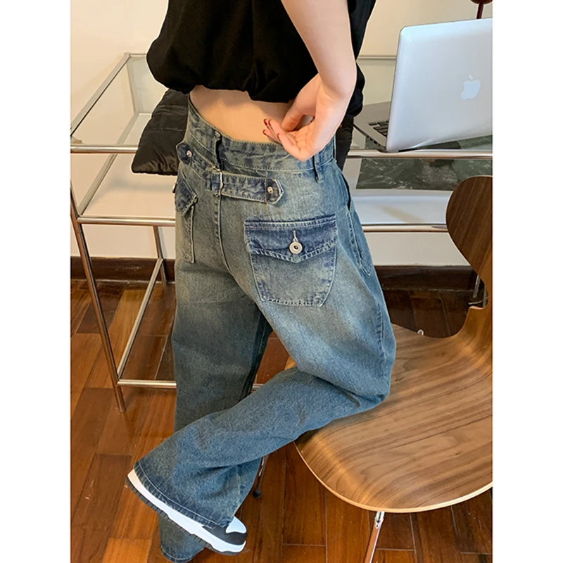 Blue Women\'s Straight Jeans High Waist American Style Streetwear Vintage Pants Chic Design Casual Ladies Denim Wide Leg Trouser