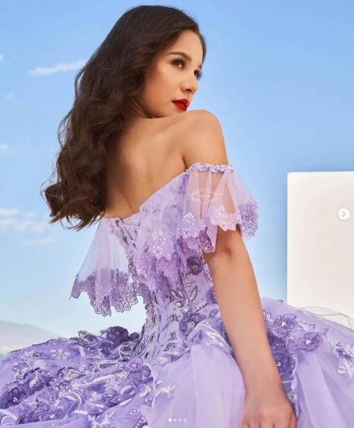 Lilac Lavender Off Shoulder Quinceanera Dresses 2023 Pleated Ruffles Beaded Floral Lace-up Corset Prom Debutantes Sweet 15 dres