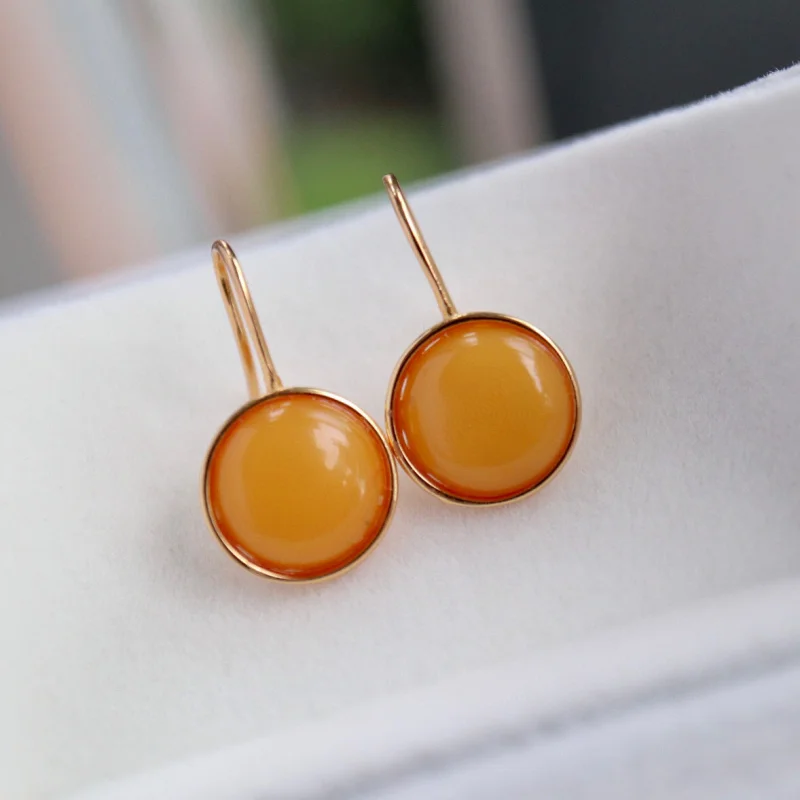 Natural Wax High Heel Shoes S925 Sterling Silver Inlaid Old Amber Ear Hooks Extremely Round Stud Earrings