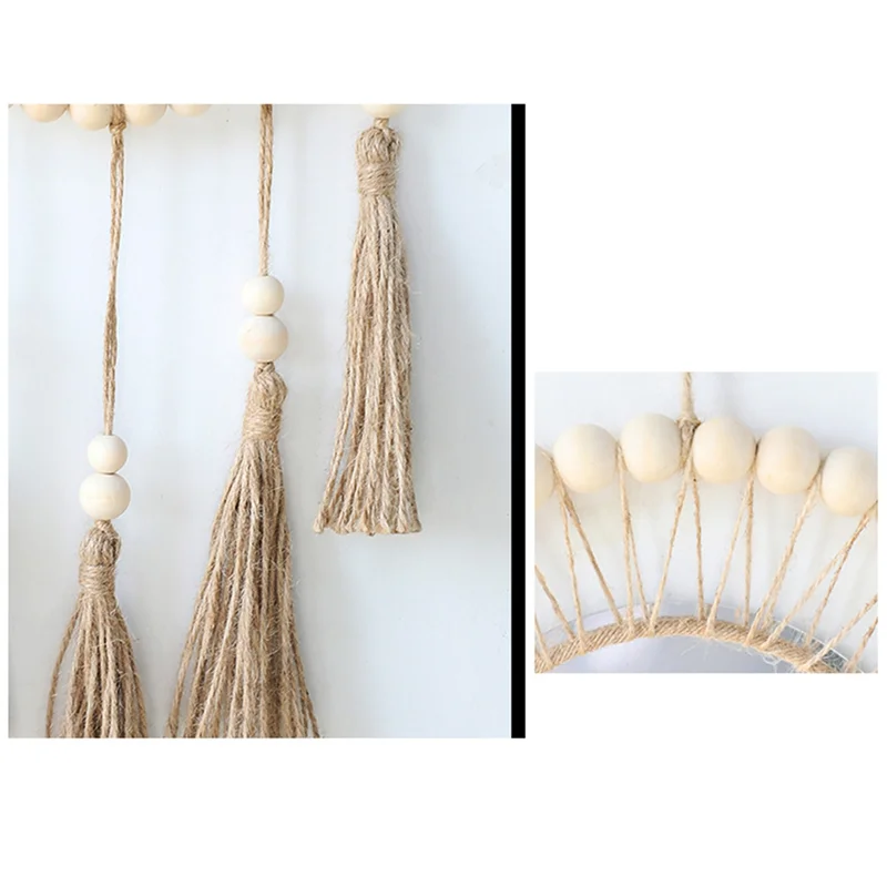 ABUN-Hanging Wall Mirror Boho Antique Mirror With Wood Beads Fringe Handmade Round Decoration