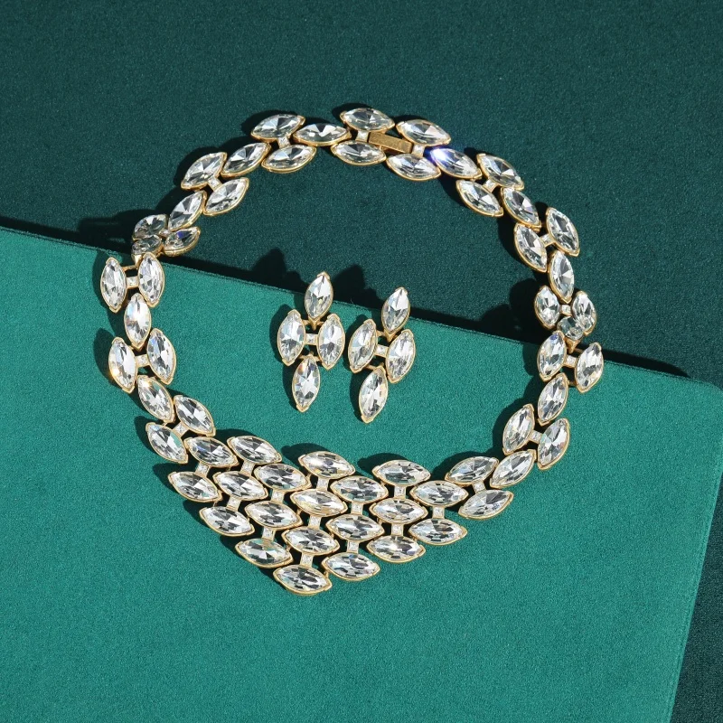 Vintage White Zircon Rhinestone Jewelry Sets Necklace Earrings Luxury Geometry High Quality Classic Party Daily Gifts For Women