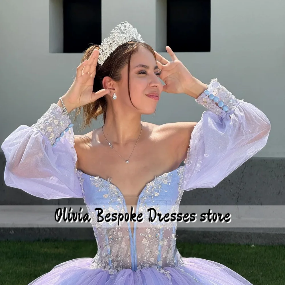 Wowed Himmelblaues Quinceanera-Kleid mit Puffärmeln, Tüll, gerüschte Schleppe, süßes 15-/16-Kleid, mexikanisches Mädchen-Geburtstagskleid, individuell gestaltet