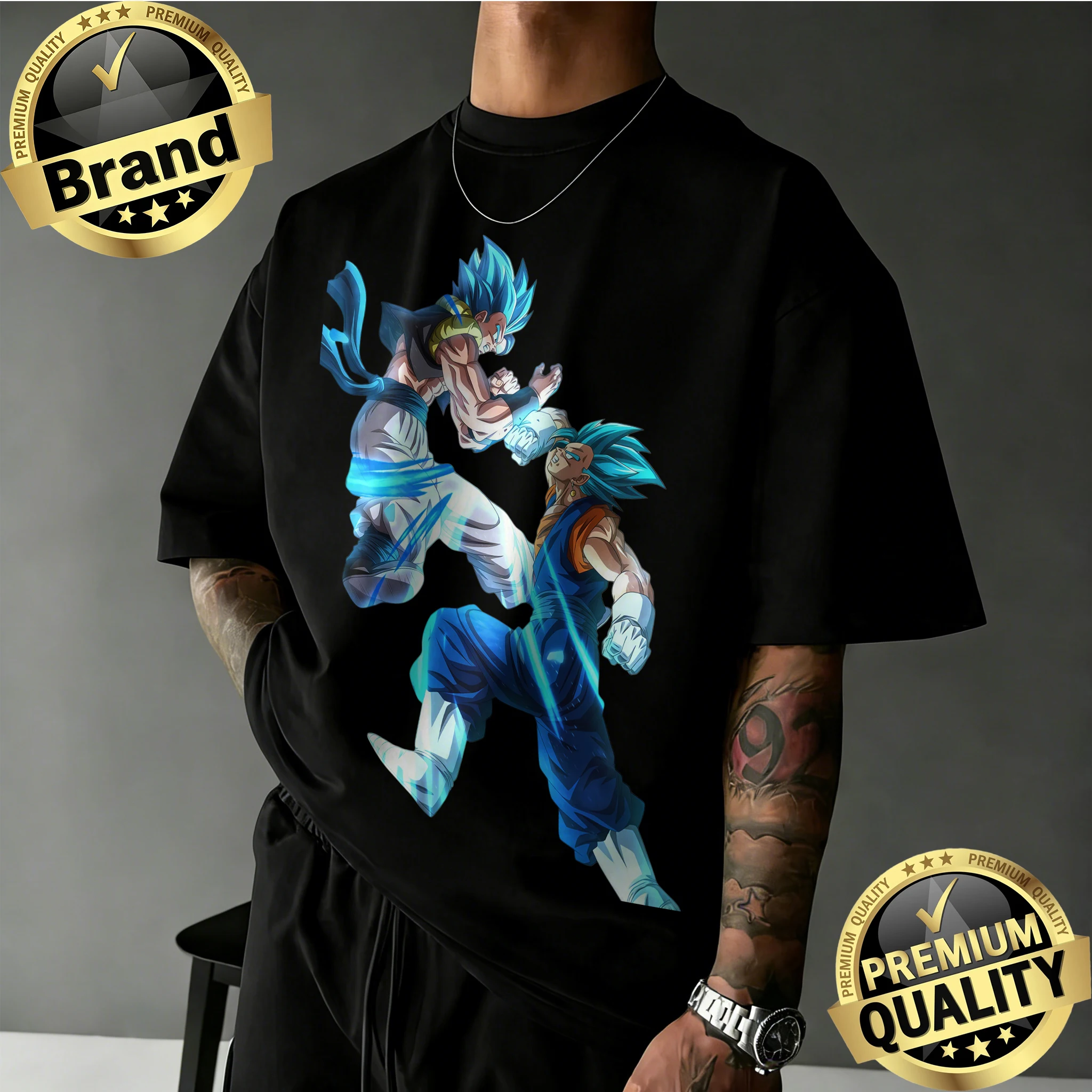 2026 Neuerscheinung Dragon Ball Übergroßes T-Shirt |   Gogeta Vs Vegito Super Saiyan Blue Grafikdruck, 100 % Baumwolle, lässiges T-Shirt für Liebhaber