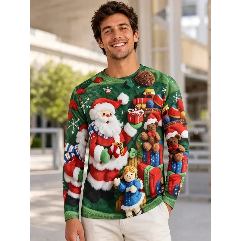 3D Printed Casual Long Sleeve Unisex Crew Neck Top Santa Pattern Breathable Skin Friendly Pullover for Travel Outdoors 2026