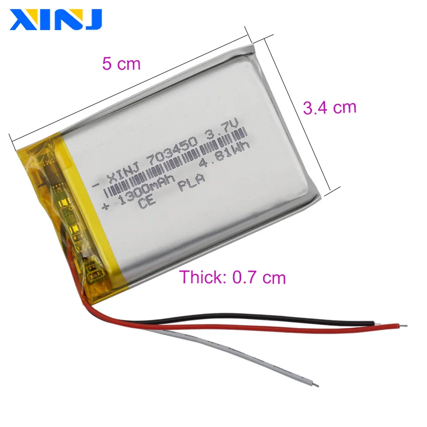 الجملة 10 قطع 3.7 فولت 1300 مللي أمبير 4.81Wh بطارية ليثيوم بوليمر 703450   ثرمستور ليثيوم أيون 3 أسلاك لكاميرا GPS Dashcamera LED
