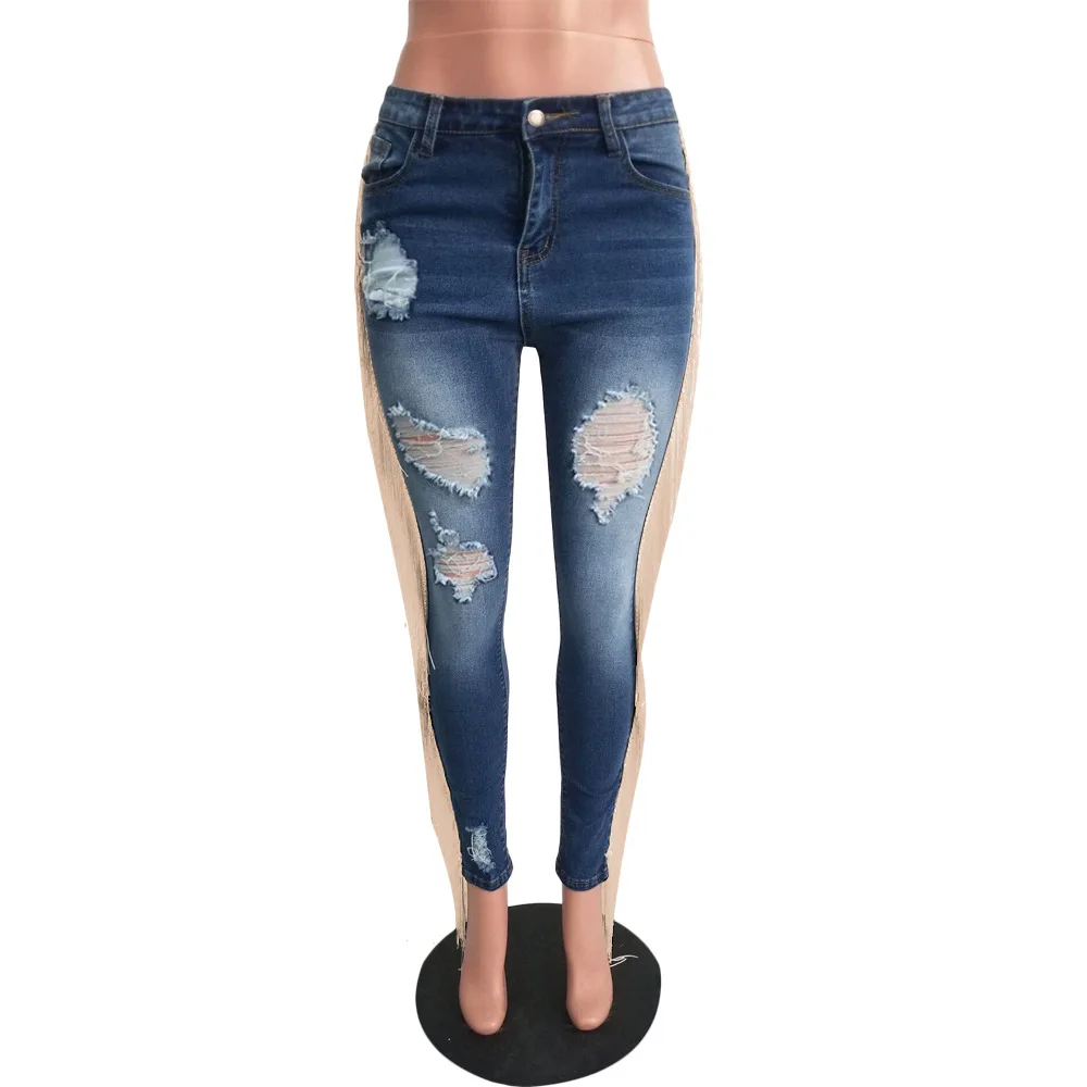 Jeans da donna Autunno Inverno Moda Vita alta Pantaloni in denim con nappe strappate Streetwear Pantaloni jeans skinny con frange casual da donna