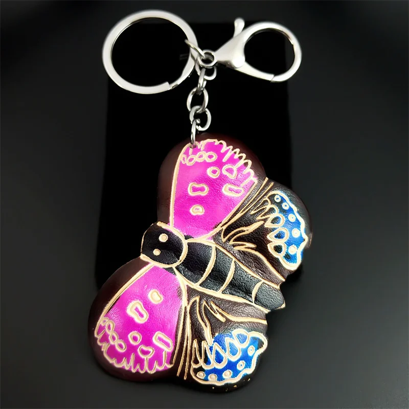 Vintage Pink Butterfly Cowhide Carved Key Chain for Women Men Alloy Silver Color Key Ring Holder Car Bag Jewelry K8835-4S04