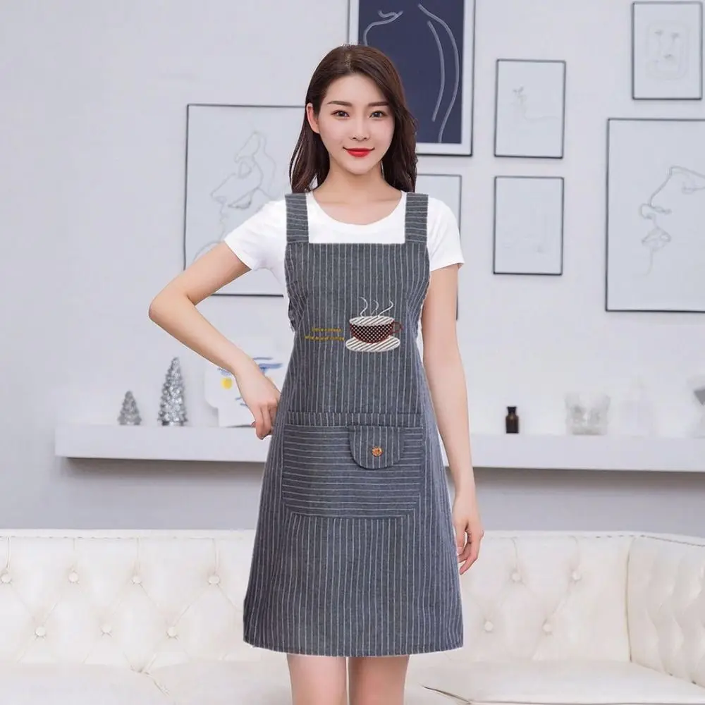 Fashionable Simple Stripe Cotton Sleeveless Kitchen Watching Cooking Anti oil Women Overall Apron