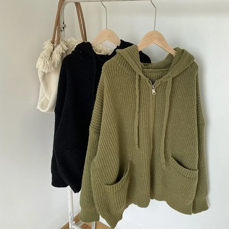 Zipper Cardigan Sweater Women Knit Fall Winter Long Sleeve Harajuku Y2K Solid Jumper Loose Lazy Warm Vintage Basic Female Hoodie