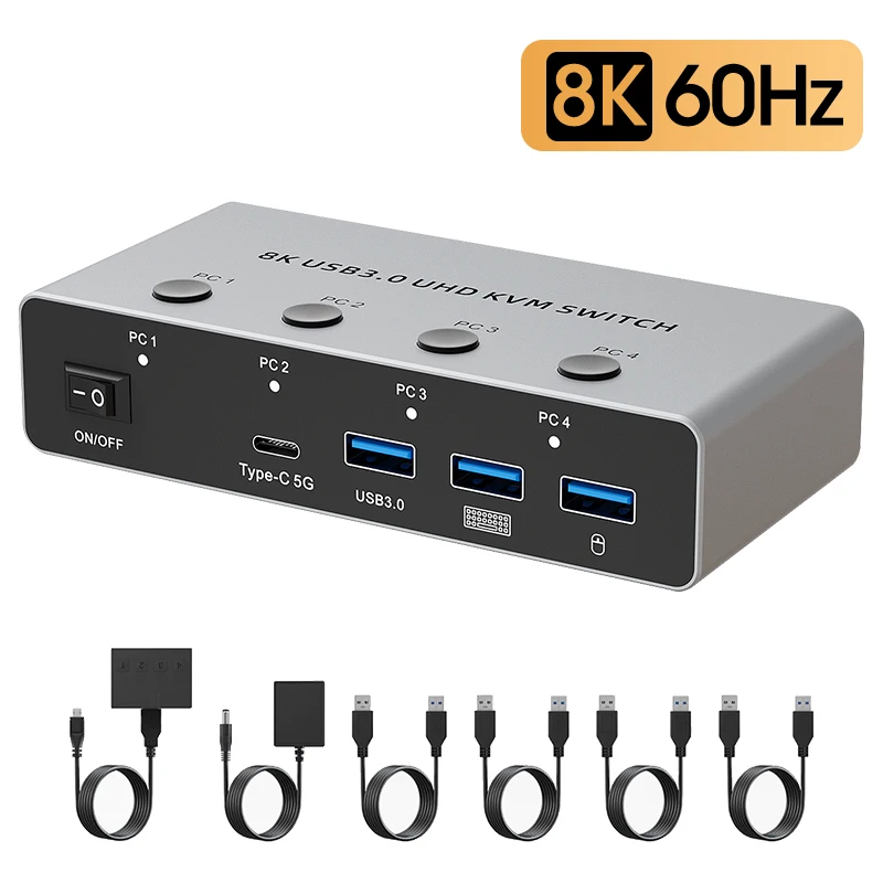 8K@60Hz HDMI KVM Switch 4 in 1 out Ultra HD 4K@120Hz USB 3.0 KVM Switcher with Desktop Controller for 4 Computers Share Monitor