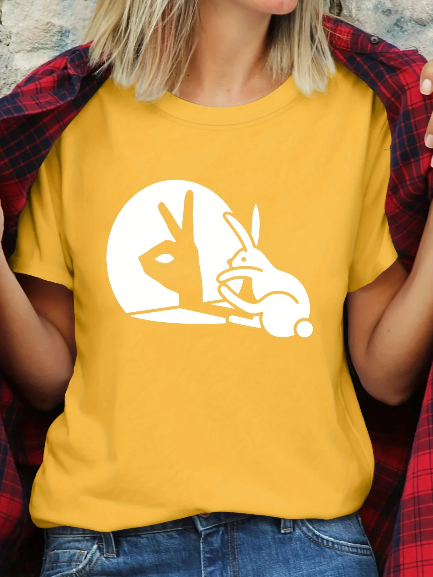 Ladies' Elegant T-shirt Moon Background+Hand Shadow Rabbit Print Round Neck Casual Fashion Women's Daily Top