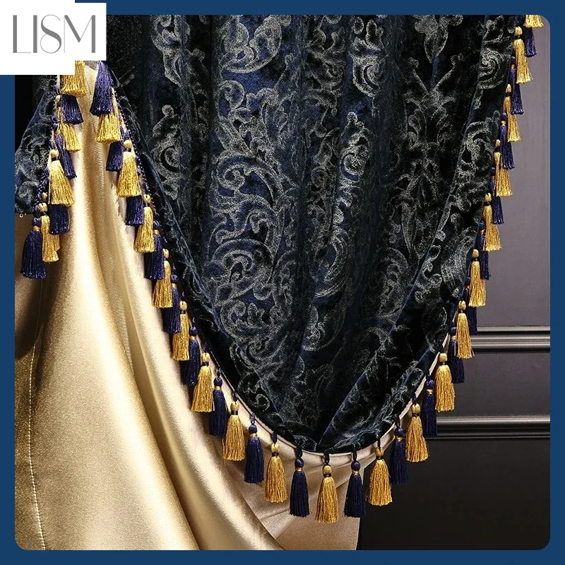 French Luxury Blue Velvet Curtains for Living Room Cloth Gold Luxury Curtains American High-end Villa European Custom Size Decor