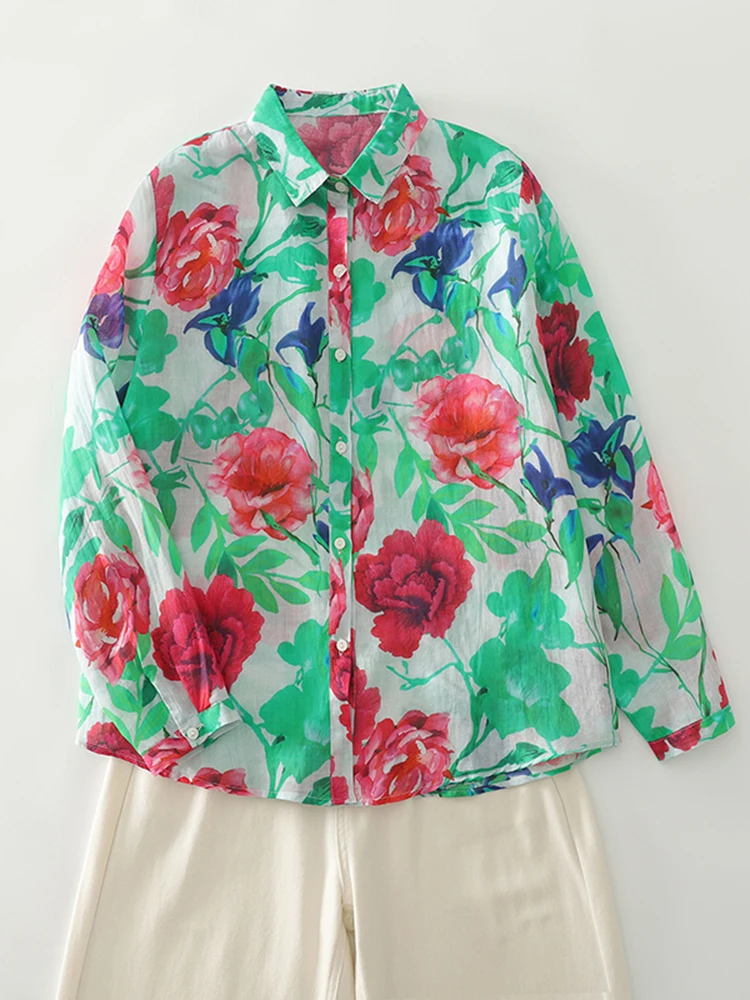 Spring Autumn Printed Cotton Hemp Long Sleeve Shirt Women New Thin Breathable Artistic Blouse Large Loose Casual Shirt Top S105