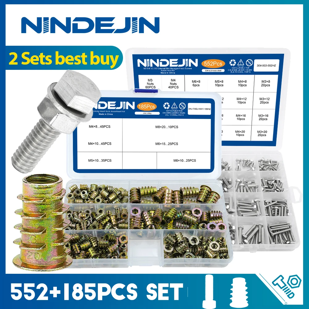 

NINDEJIN 552pcs/set External Hex Head Bolt Set with Nuts Washers 185pcs Wood Thread Insert Nuts Kit