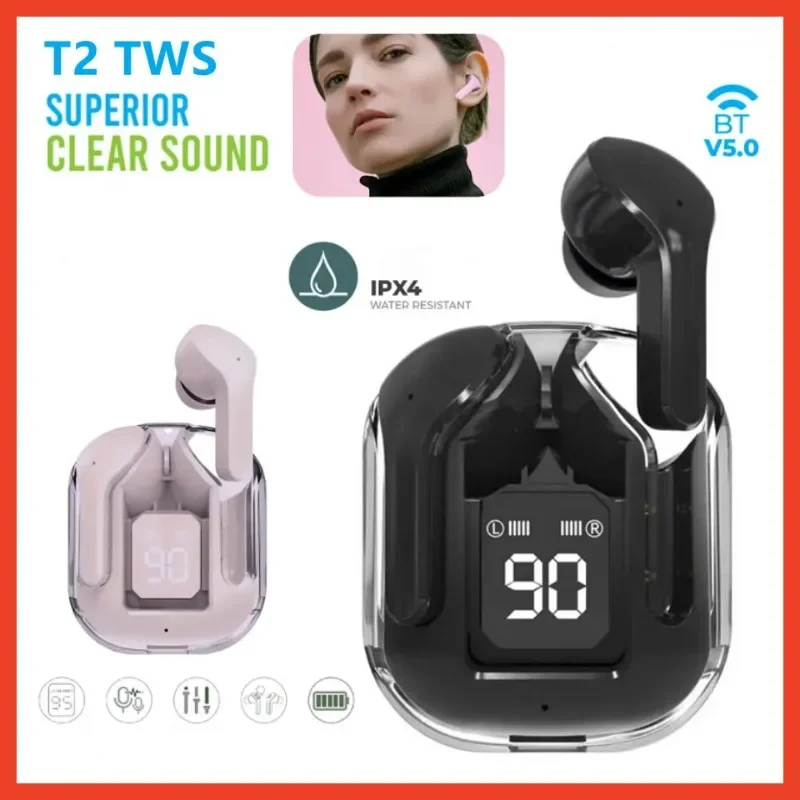 NEW T2 tws Wireless Bluetooth Headset Headphones Transparent ENC Power Digital Display Stereo Sound Earphones for all smartphone