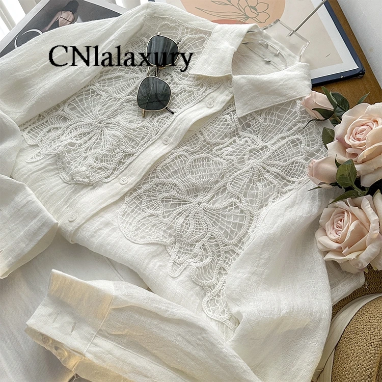 CNlalaxury Summer Embroidered Hollow Out Shirt Women Solid Long Sleeve Loose Elegant Fashion 2024 Ladies Loose Casual Blouse