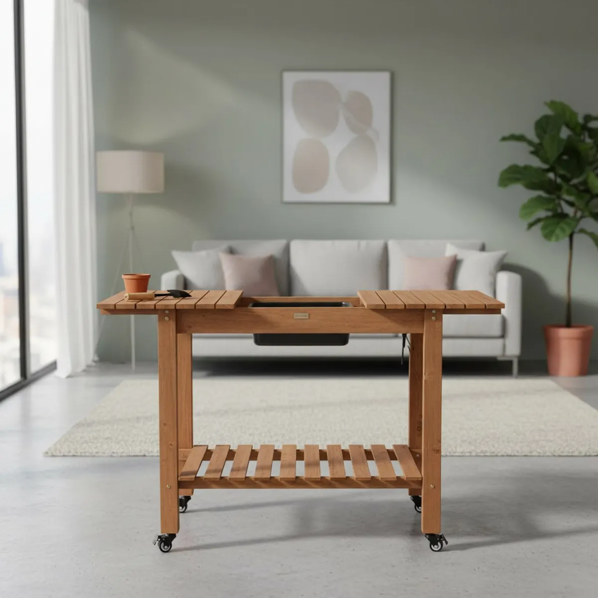Outdoor Wood Potting Bench with Sliding Tabletop 4 Locking Wheels Brown Garden Workstation