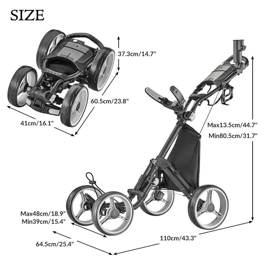 Factory Price Golf Cart 4 Wheels Golf Trolley Cart Folding Golf Push Trolley With Umbrella Holder