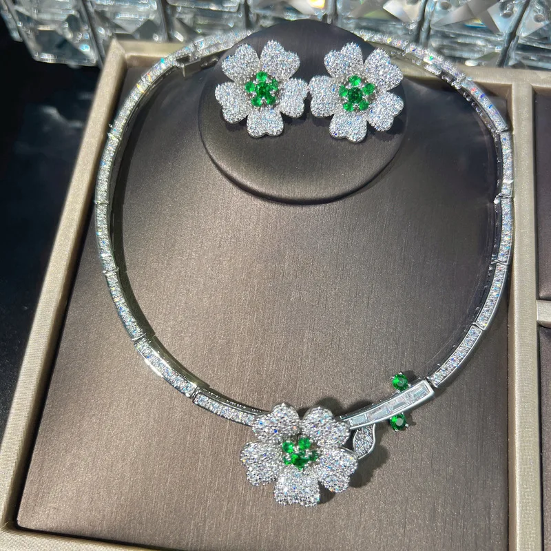 Vintage Lab Emerald Diamond Jewelry set 925 Sterling Silver Wedding Necklace Earrings For Women Bridal Engagement Jewelry Gift