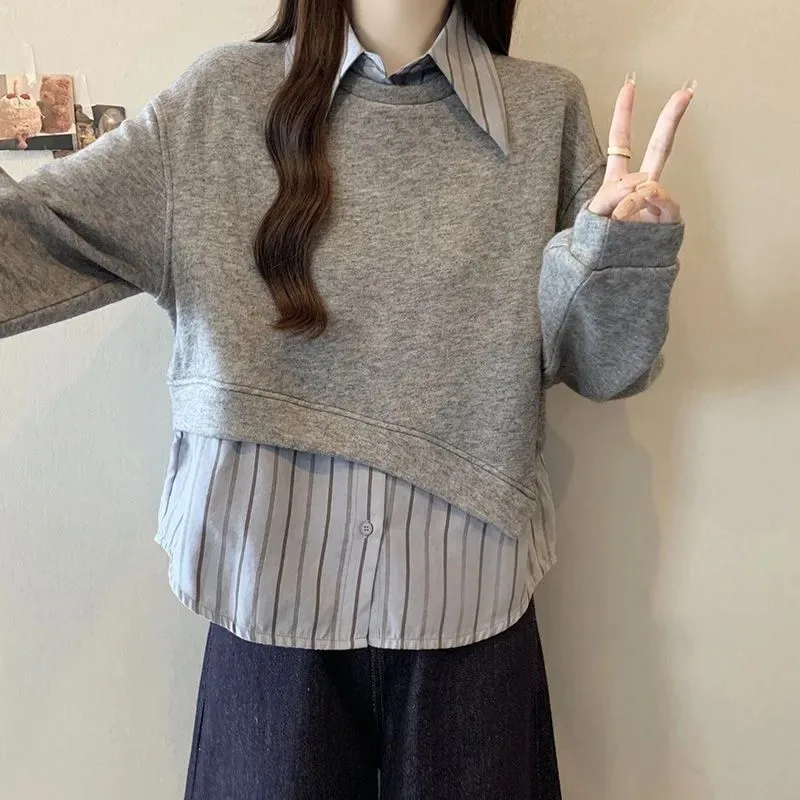 Faux sweat deux pièces en Patchwork pour femmes, chemise ample, Style coréen, nouveaux chemisiers à manches longues, haut à bascule, printemps automne