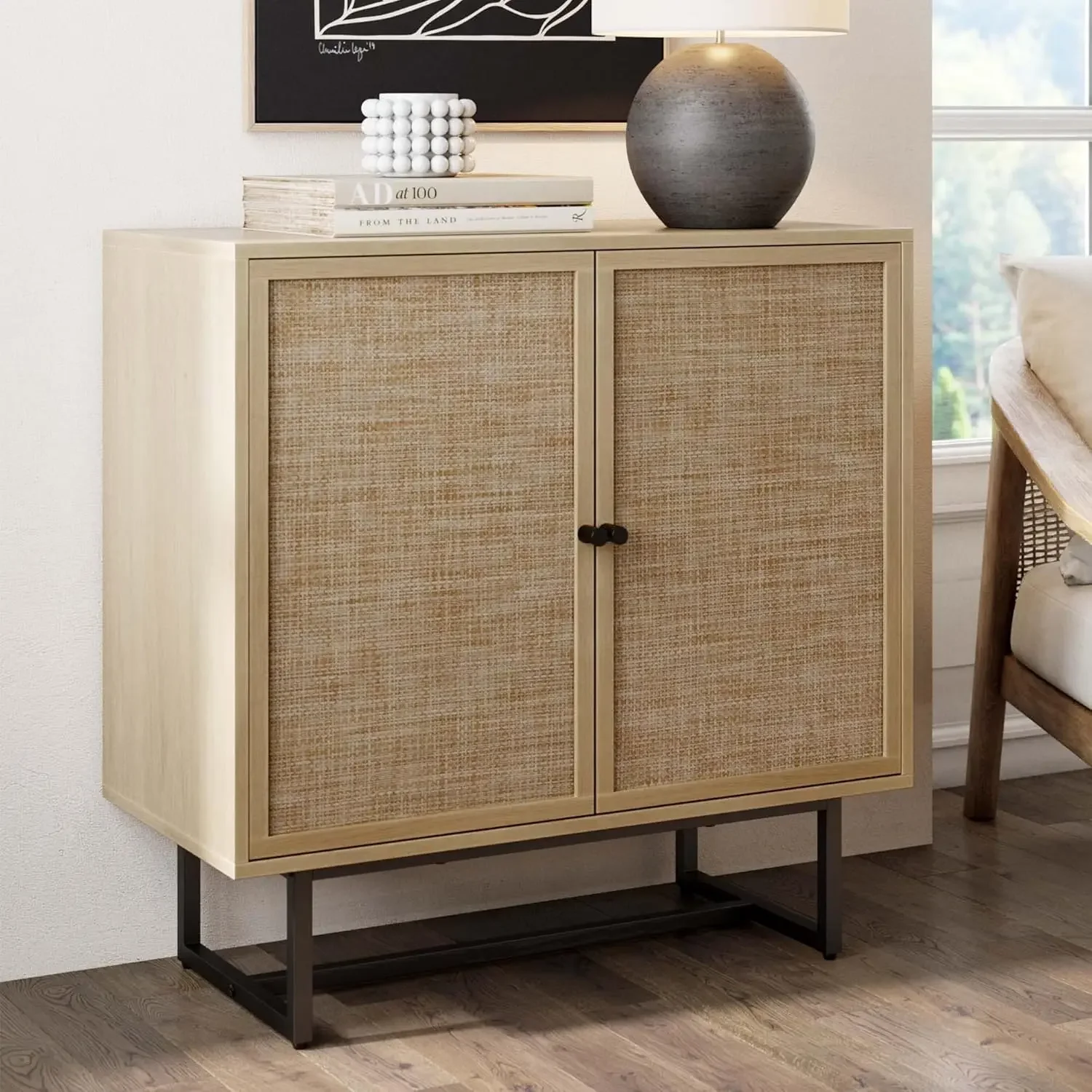 Sideboard Storage Cabinet in Light Wood and Rattan with Metal Frame, Adjustable Shelves and Cane Doors