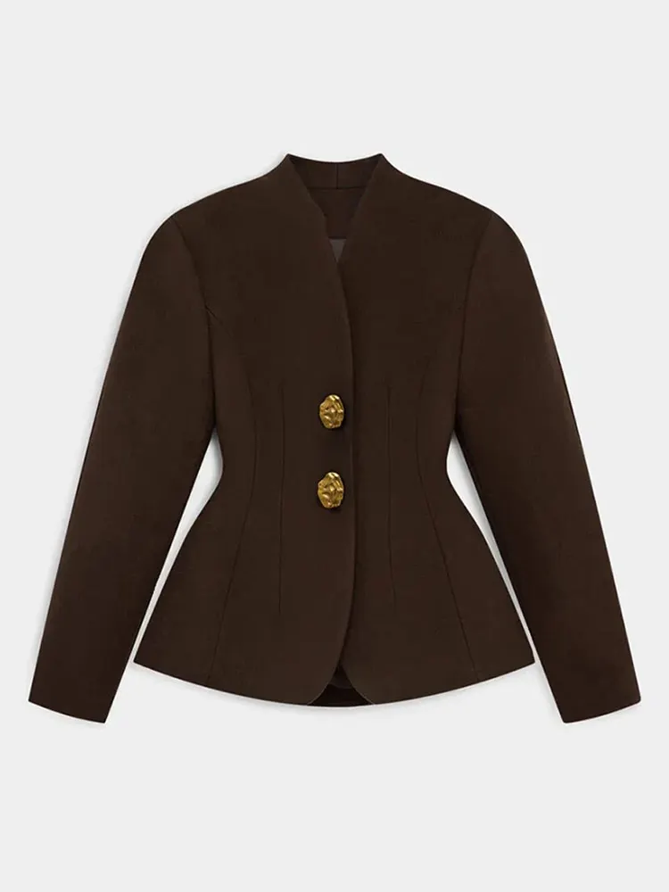 

Elegant Waist Cinching Blazer Coat Long Sleeve Single-breasted V-neck Brown Jacket Female 2026 Spring Lady Commute Outwear