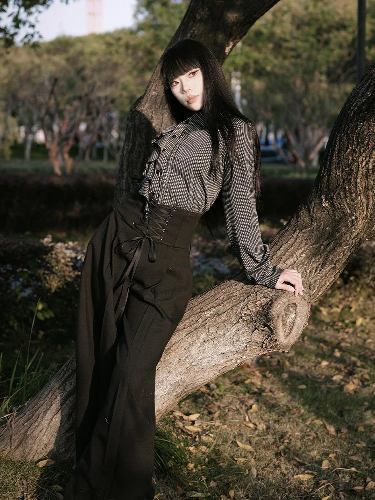 

Gothic Striped Shirt 2 Piece Set Women Y2K Autumn Chic Ruffled Patchwork Tops High Waist Lace Up Wide Leg Trousers Two Piece Set