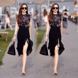 Fashionable Floral Print Sleeveless Hoodie Set Women's Summer New Style Black Elegant Half Skirt Outfit Hot Trend Outfit