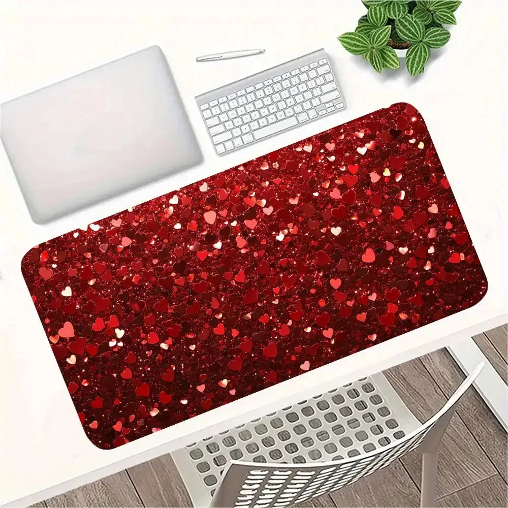 Red Glitter Heart Extended Desk Mat Non-Slip Rubber Base Gaming Mouse Pad Office Workstation Mat
