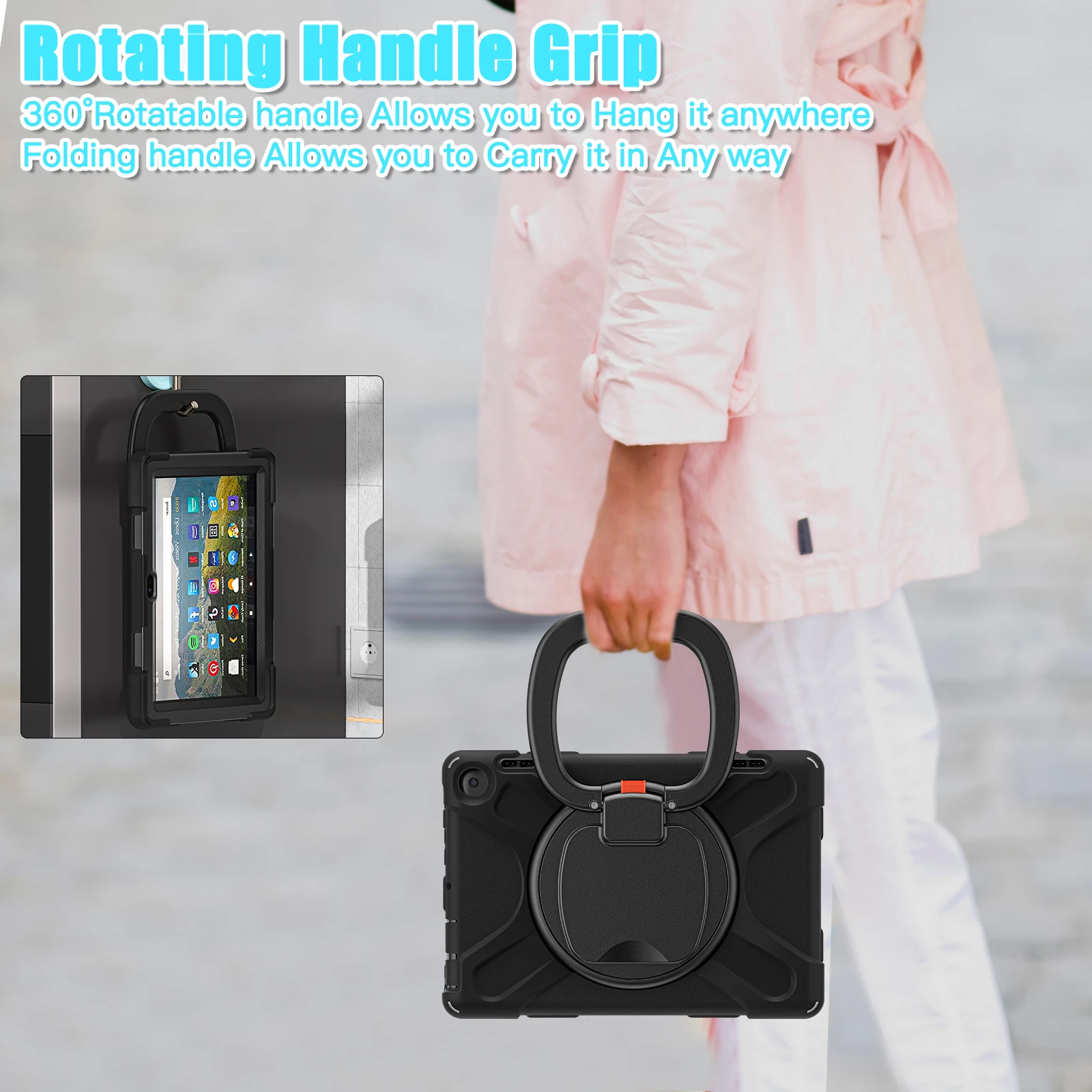 Capa robusta com suporte giratório para amazon fire hd 8 (plus) 2024 2022 8.0 polegadas capa de armadura resistente com alça alça de ombro