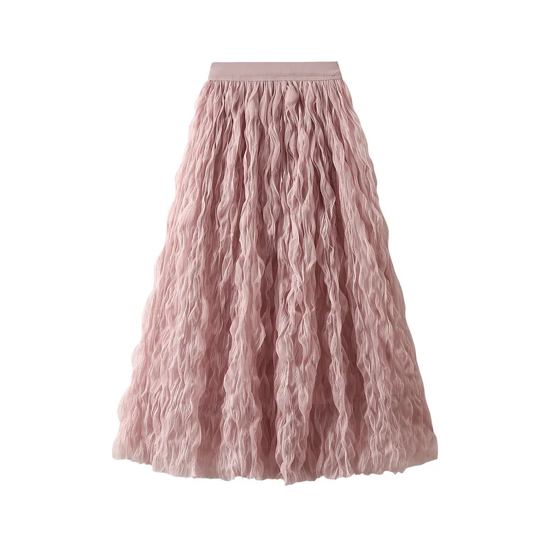 

Advanced pleated skirt for women 2024 new high waist slimming mid length Korean version A-line large swing yarn skirt new