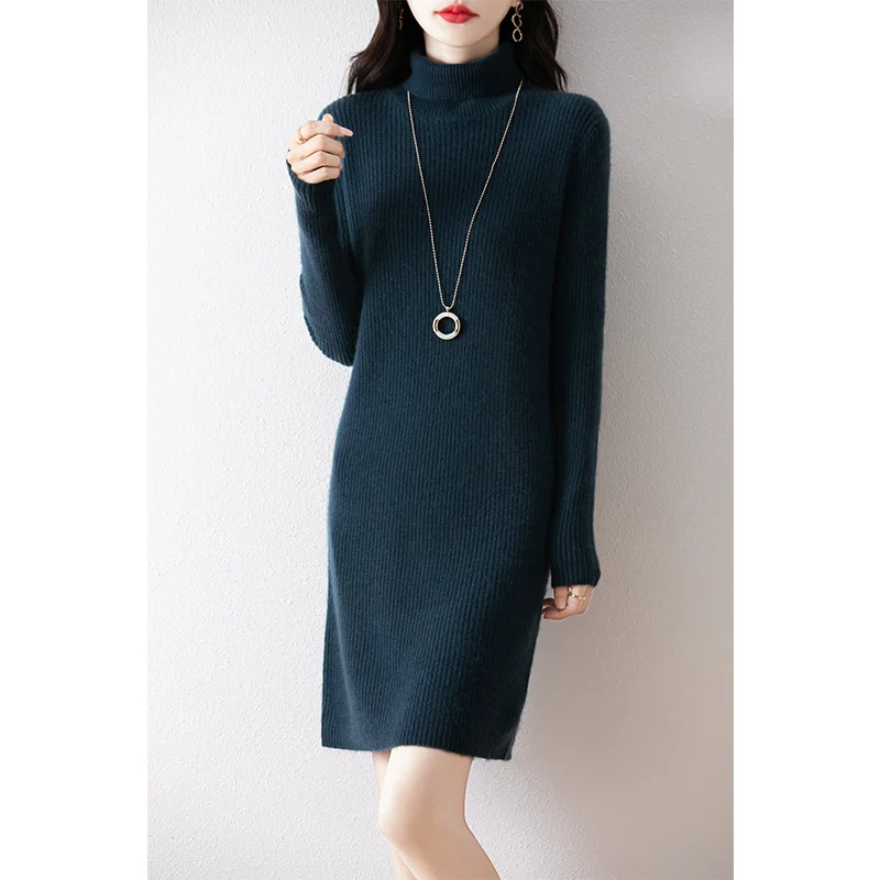 100% Wool Knitting Dress For Woman 2024 New Winter Turtleneck Slim Long Dresses Australian Wool Knit Dresses Women Clothes