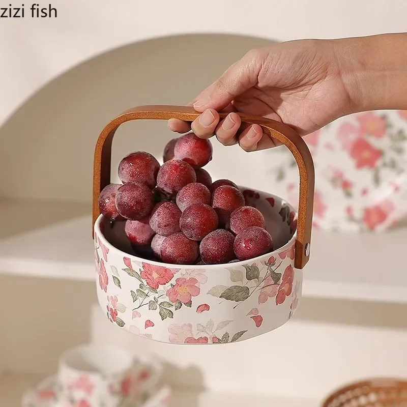 Flower Patterned Ceramic Plate Hand-held Fruit Basket Dried Fruit Plate Octagonal Dessert Plate Snack Plates Steak Plates