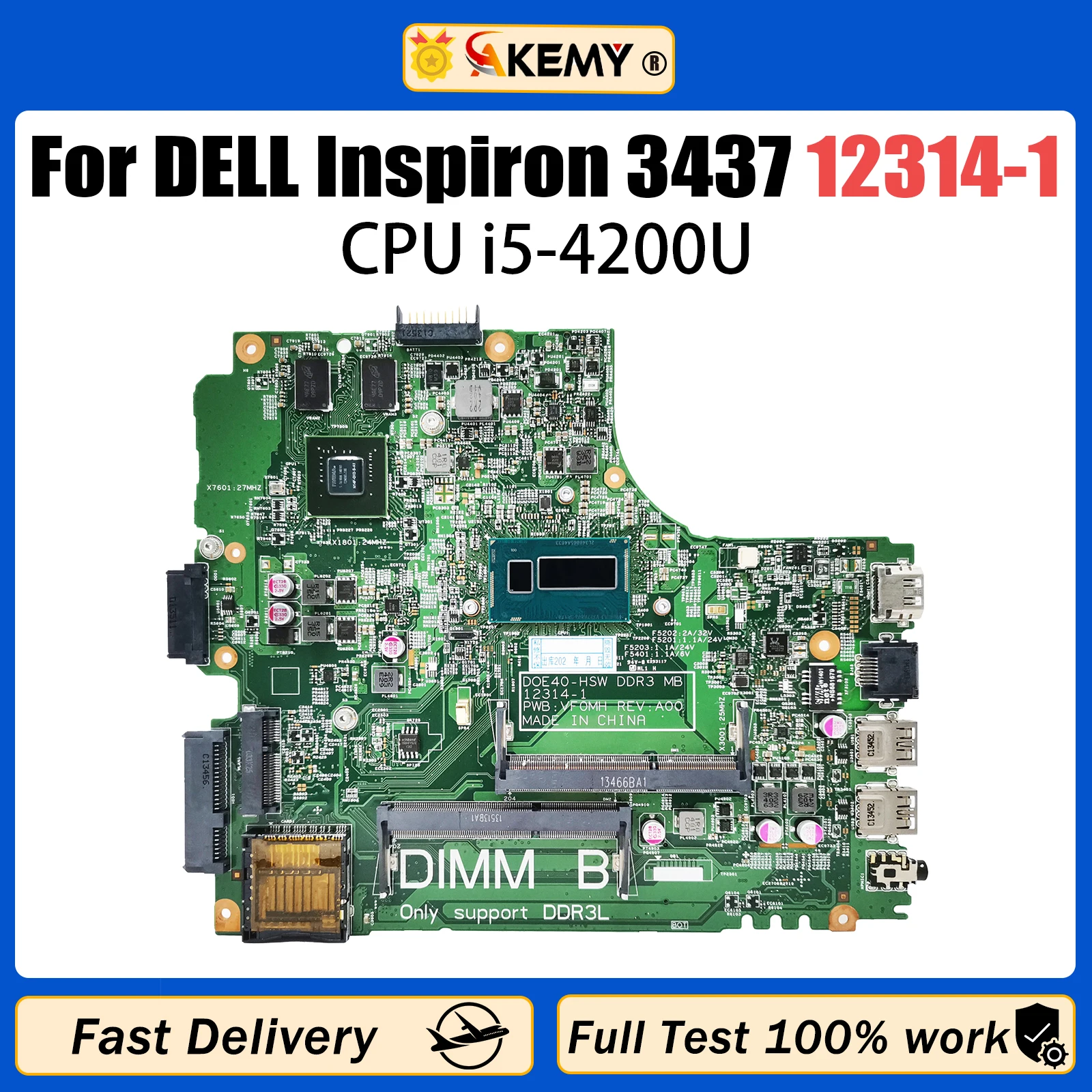 

12314-1 For DELL Inspiron 3437 Laptop Motherboard i5-4200U CPU 0Y5JJK Notebook Mainboard