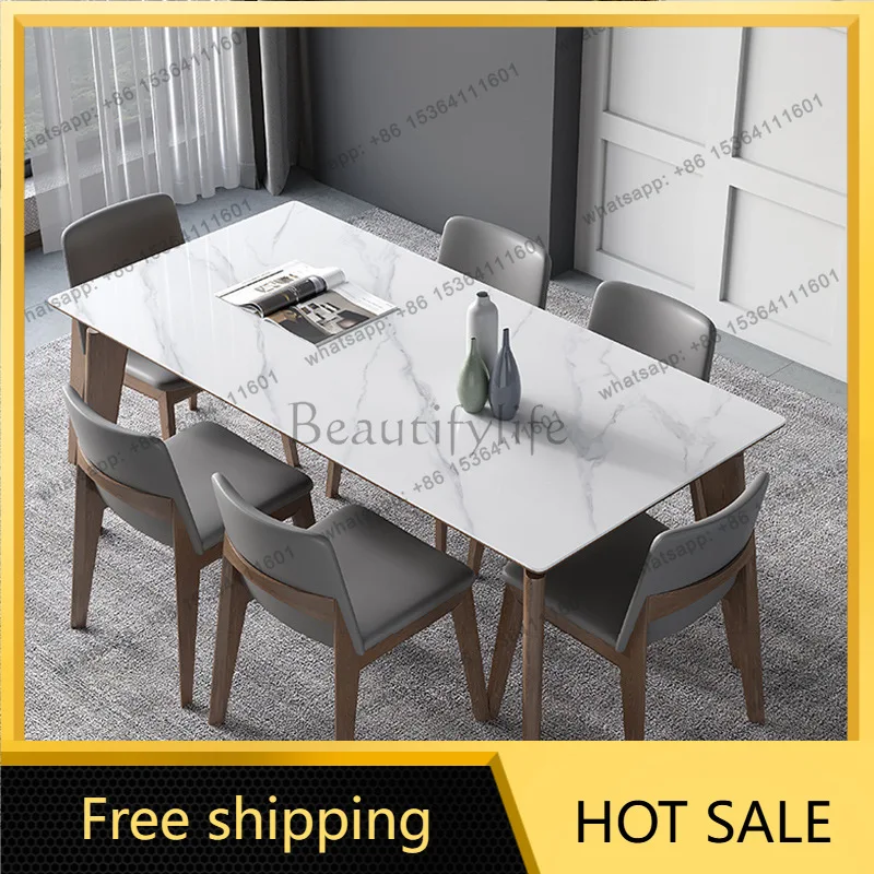 Factory Direct Sales Solid Wood Slate Dining Table Nordic Ash Leg Rectangle Bright Dining Table