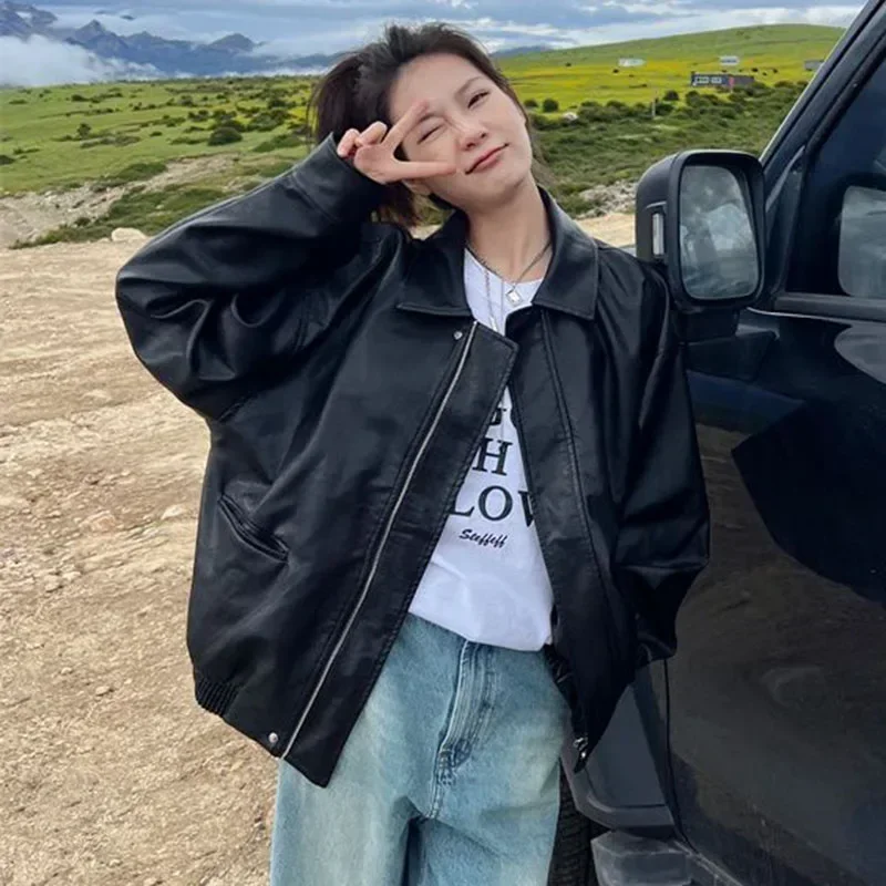 Gidyq-Chaqueta Vintage de Pu para mujer, ropa de calle de moda americana negra, abrigo de gran tamaño, chaqueta informal holgada de cuero sintético