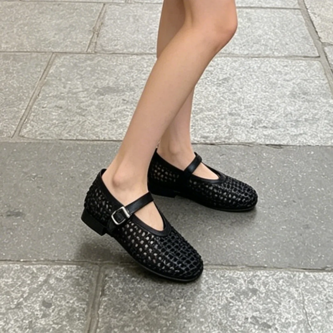 New Women Hollow Out Woven Mary Jane Flats Breathable Mesh Buckle Strap Flat Loafers Non-slip Soft Bottom Casual Walking Shoes