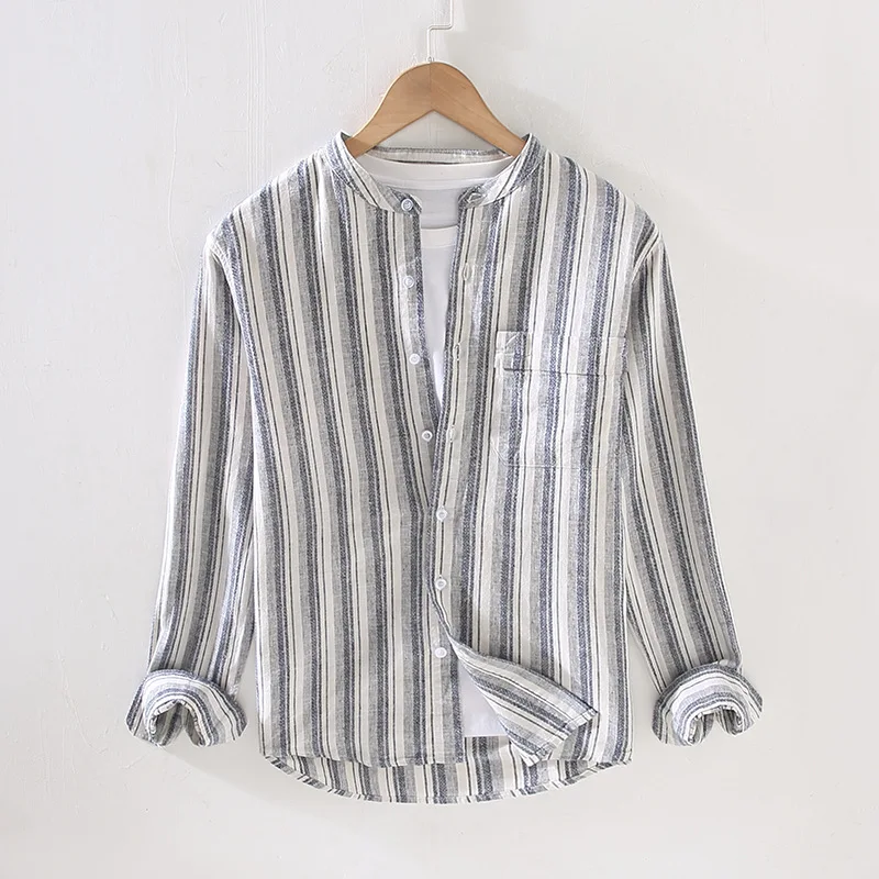 Japan Style Mens Linen Cotton Striped Shirt Harajuku Chest Pocket Long Sleeve Slim Fit Male Casual Breathable Classical Tops