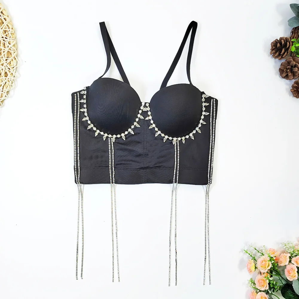 

New Fashion Sexy Sleeveless Bandeau Nightclub Sexy FishBone Tassel Rhinestone Bead Short Bustier Corset Crop Tops Clothes K383