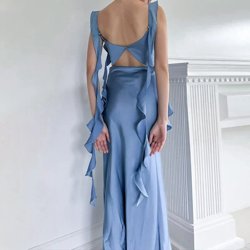 

2024 Summer Elegant Backless Hollow Out Ribbons Long Dress Women Solid Slash Neck Sleeveless Slim Trends Street Partywear Robe